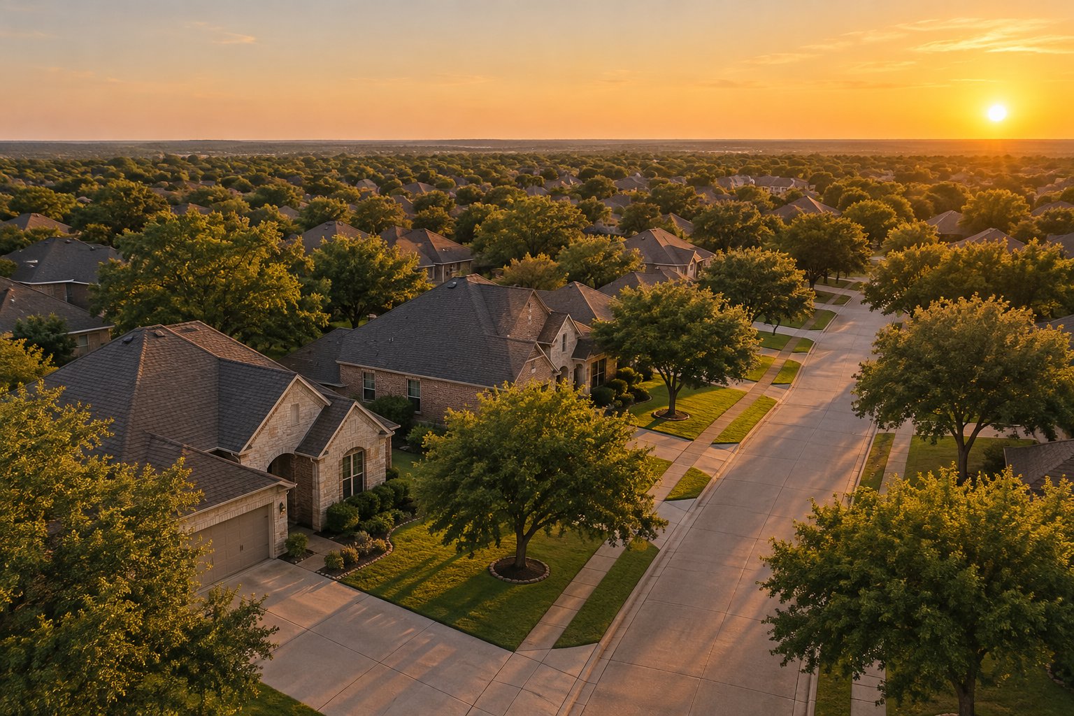A Dallas-Fort Worth area Texas neighborhood street at golden hour, illustrative