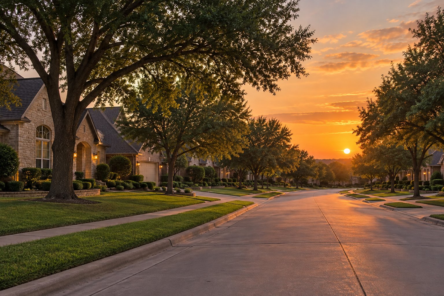 A Dallas-Fort Worth area street at sunset, illustrative