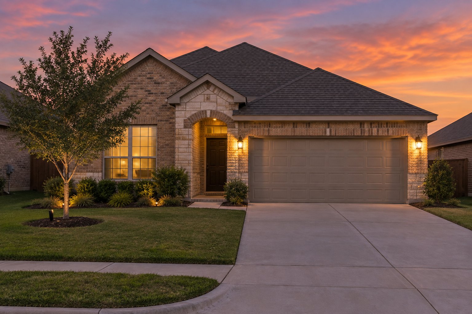 A Dallas-Fort Worth area home exterior at dusk, illustrative